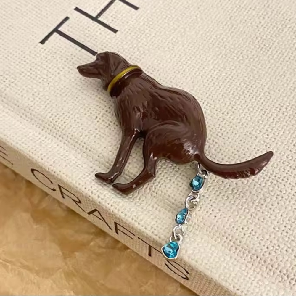 Pooping Dog Brooch with Blue Accents